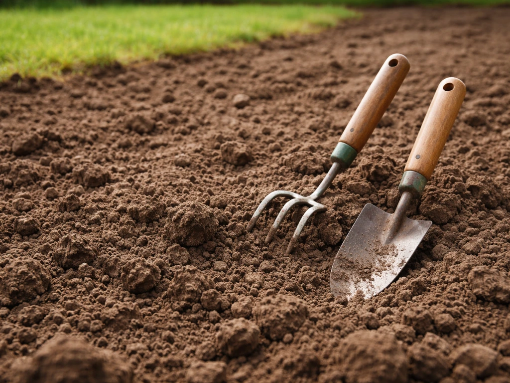 Ameublissement du sol en préparation de semis, outils de jardin au premier plan, terre travaillée en gros plan.