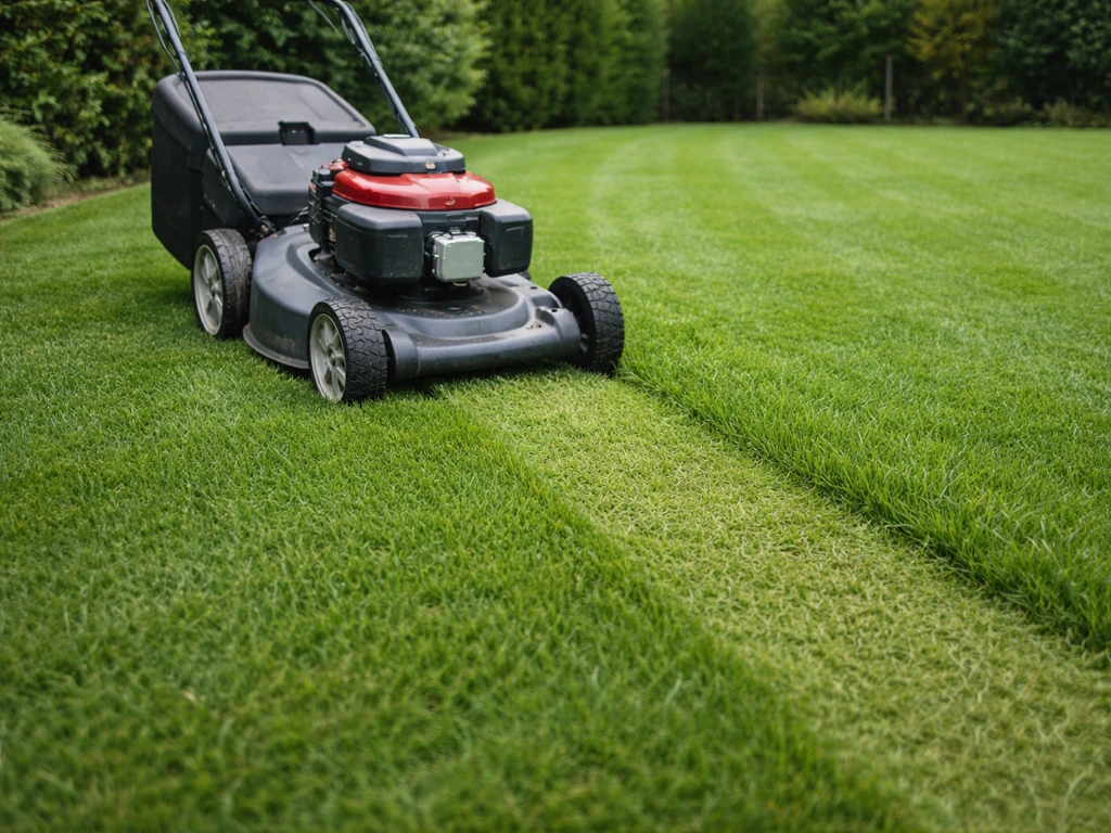 Tonte d’une pelouse dense : tondeuse réglée, herbe coupée sans enlever plus d’un tiers.
