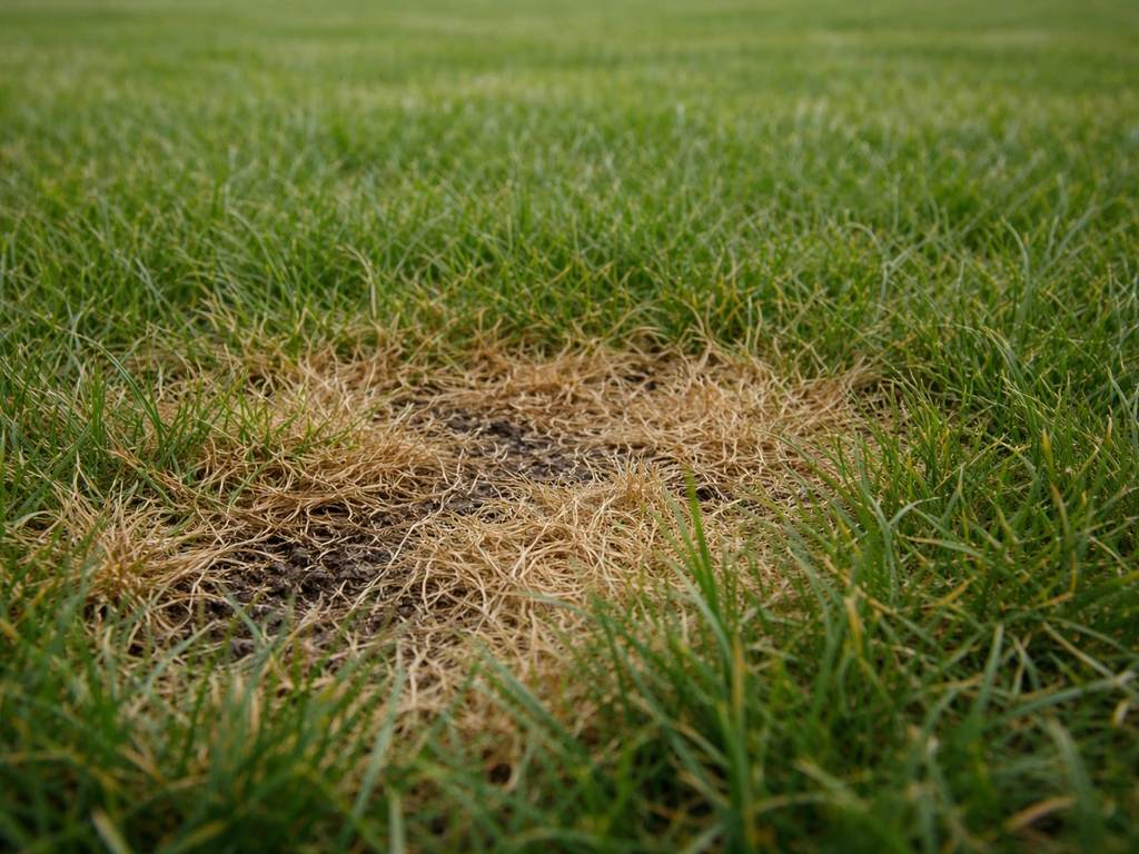 Pelouse abîmée avec plaques brunâtres et chaume visible, texture du sol et symptômes de maladie fongique.