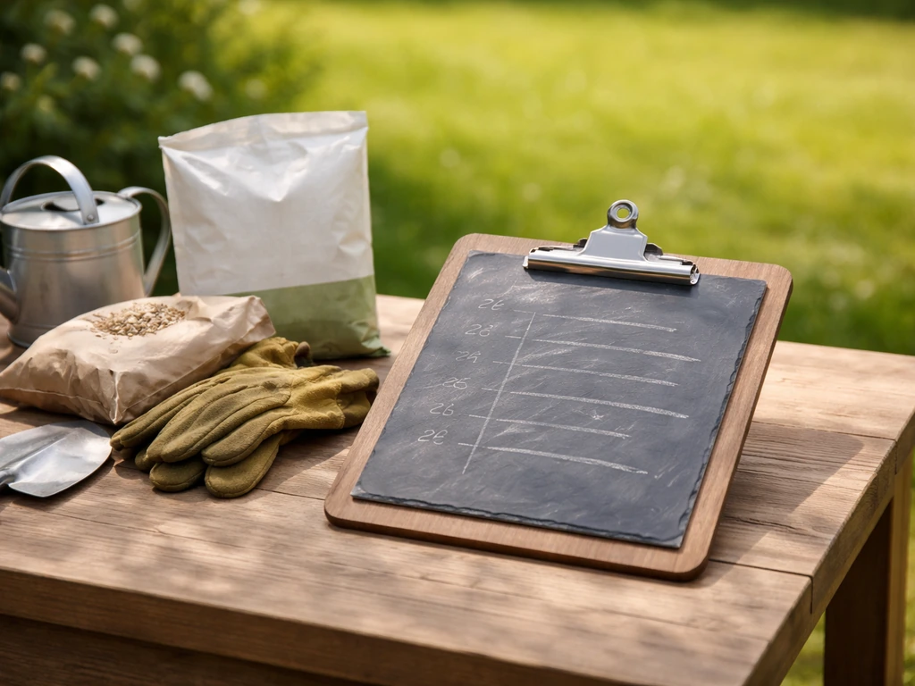 Vue rapprochée d’une ardoise de jardin avec planning, sacs de semences et gants posés sur une table près de la pelouse.