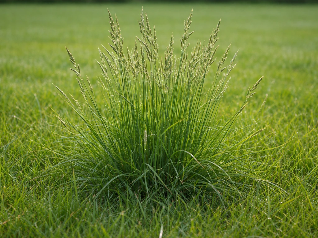Gros plan de brins de fétuque élevée dense sur une pelouse, texture et touffe bien visibles.