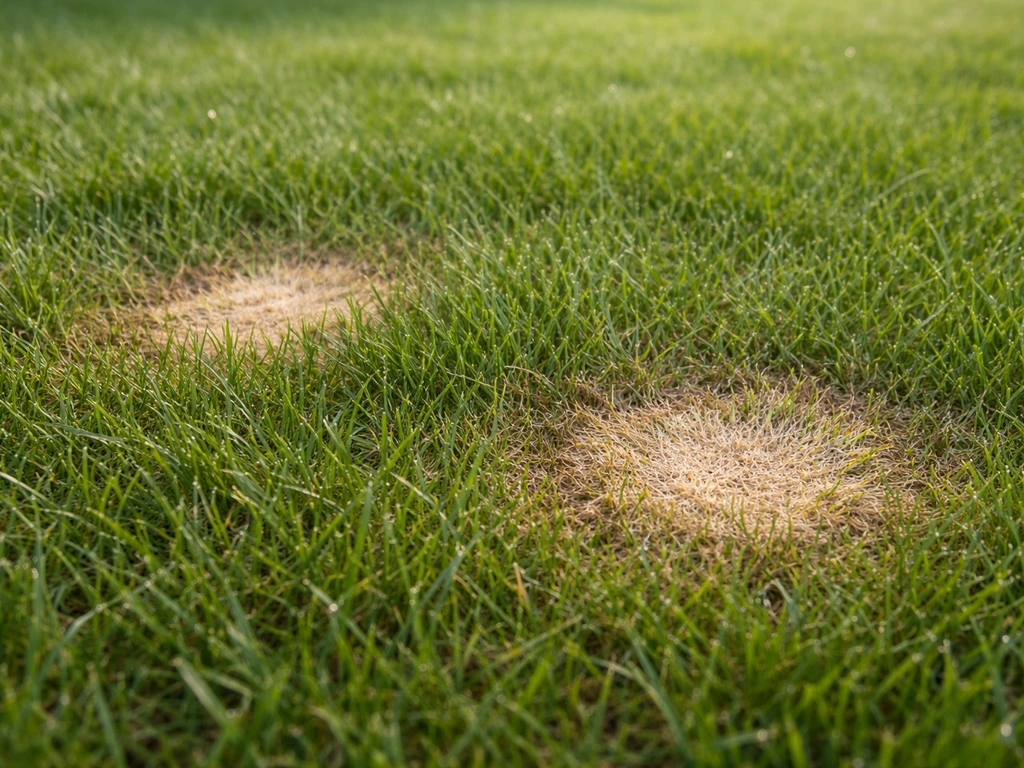 Gros plan sur des petites taches brunâtres type “dollar spot” sur de la fétuque élevée, texture visible
