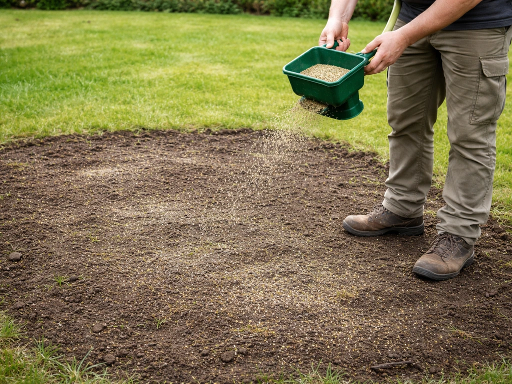 Zone dénudée de pelouse préparée puis semée : scarification/aération et épandage de graines de fétuque.