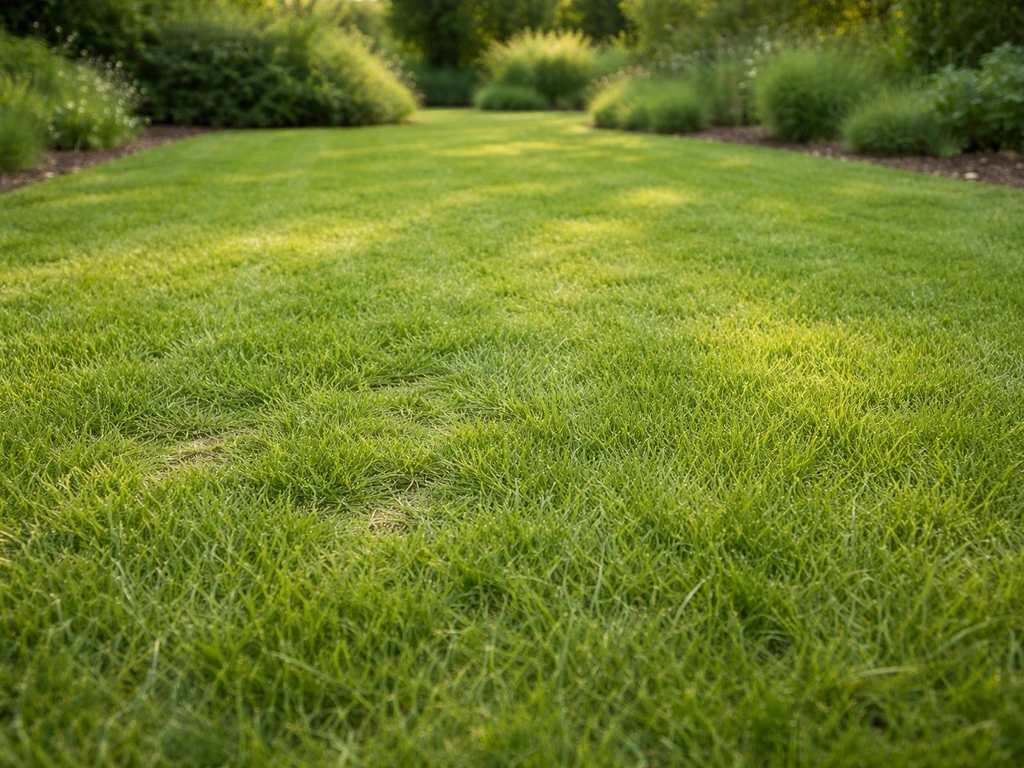 Pelouse dense et naturelle dans un jardin, avec quelques traces de passage limitées sous un soleil doux.