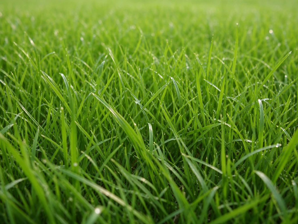 Gros plan sur des brins de ray-grass anglais vert vif dans une pelouse dense, avec rosée légère.