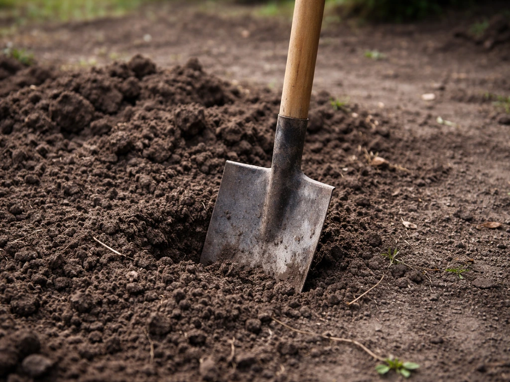 Bêche ou tourillon en bois enfoncé dans la terre humide, montrant une résistance proche de la surface.