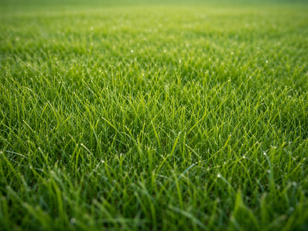 Pelouse très dense et homogène, vue rapprochée des brins de gazon verts en lumière naturelle.