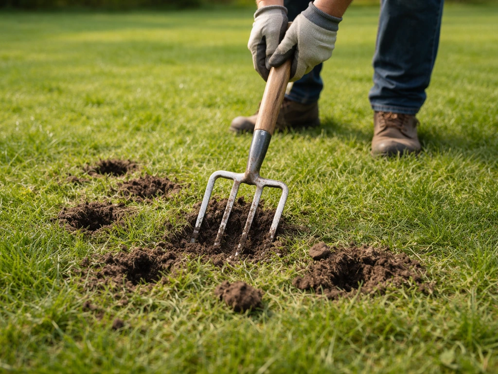 Jardinier aérant une pelouse : fourche-bêche enfoncée, terre ameublie visible entre les brins d’herbe.
