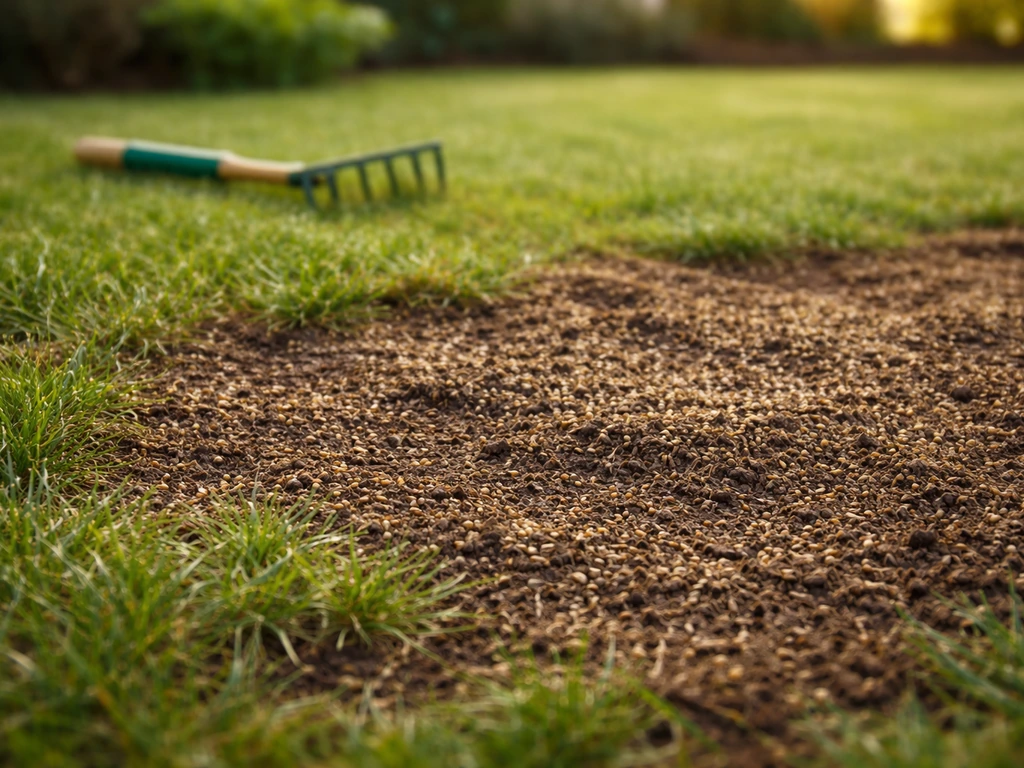 Graines de gazon épandues sur une pelouse, légèrement recouvertes, contact sol-graine pour un regarnissage réussi.