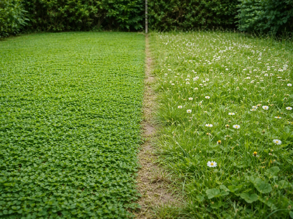 Deux zones de jardin côte à côte : micro-trèfle dense et prairie fleurie plus clairsemée, vue réaliste.