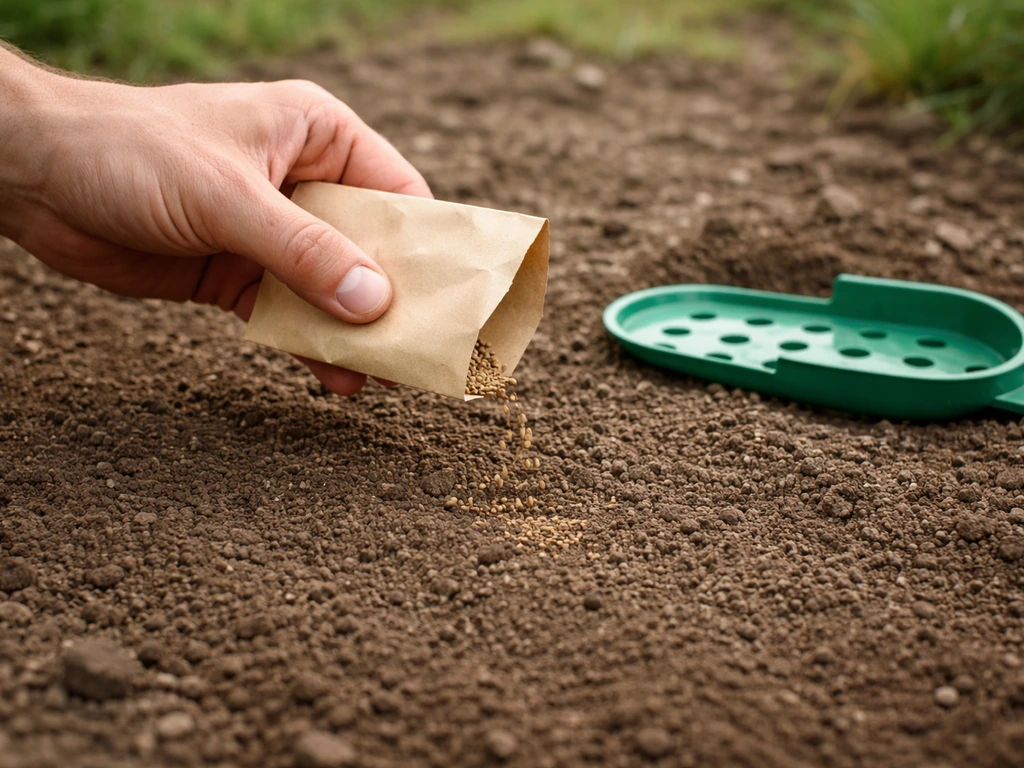 Main tenant un sachet de graines au-dessus d’un lit de semences fin et plat, dans un jardin.