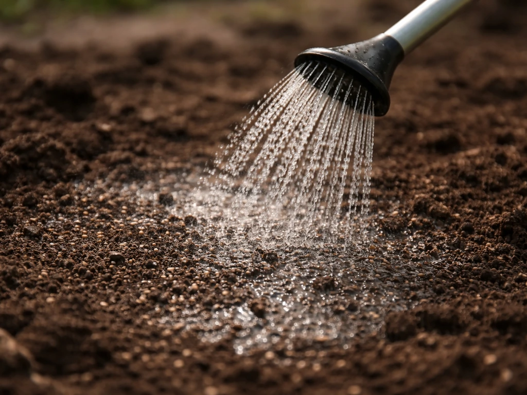 Arrosage fin d’une zone de micro-trèfle nouvellement semée, sol humide et surface régulière.