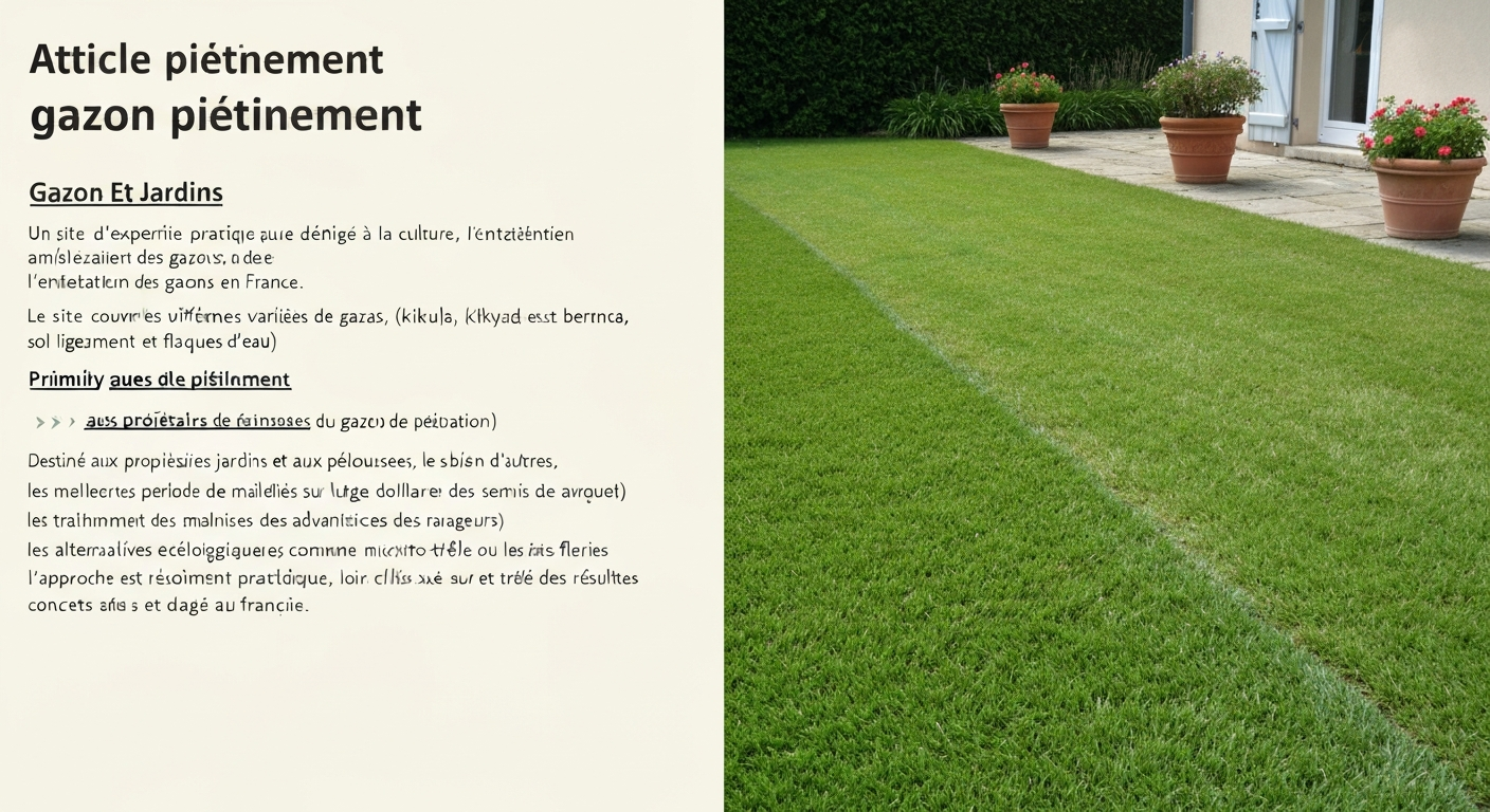 Vue comparative d'une pelouse endommagée par le piétinement (plaques nues, mousse, sol tassé) à côté d'un gazon réparé et dense.