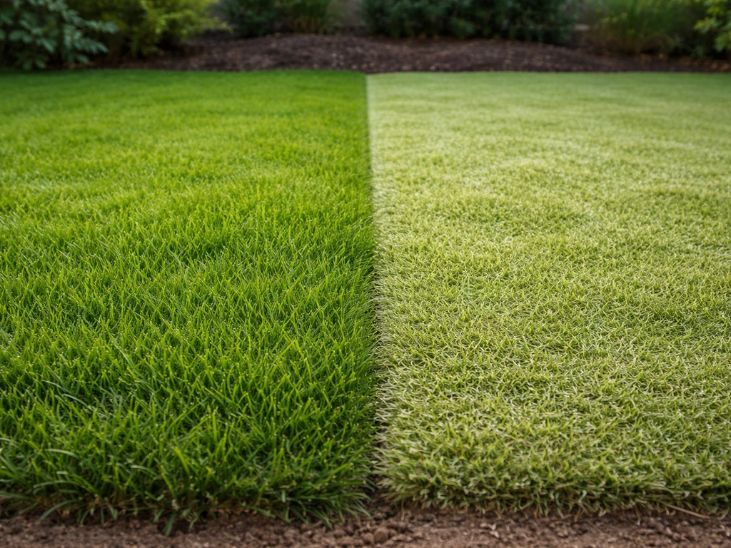 Deux zones de gazon côte à côte : vert dense et brillant vs gazon terne et clair, en plein jardin.