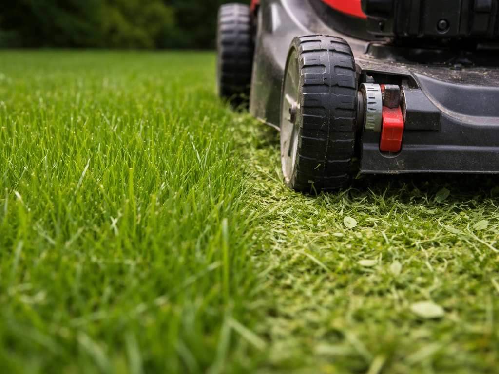 Gros plan sur l’arête de coupe d’une tondeuse avec une hauteur d’herbe d’environ 4–5 cm