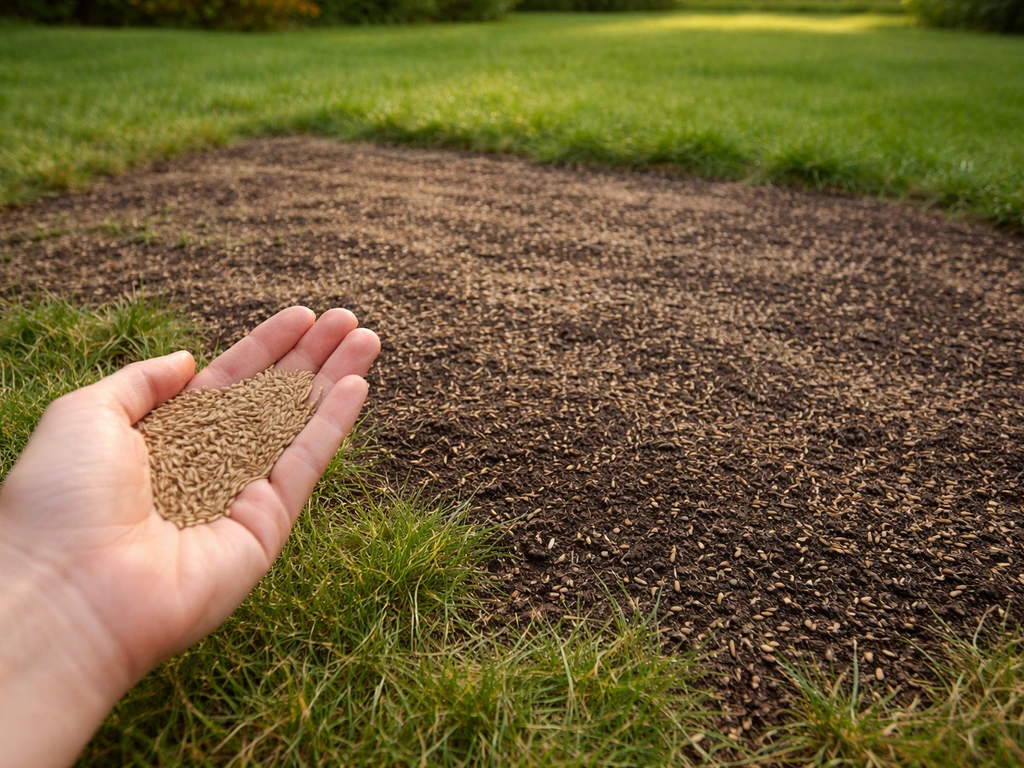 Jardin avec zones clairsemées comblées : terreau et graines de gazon fraîchement répartis