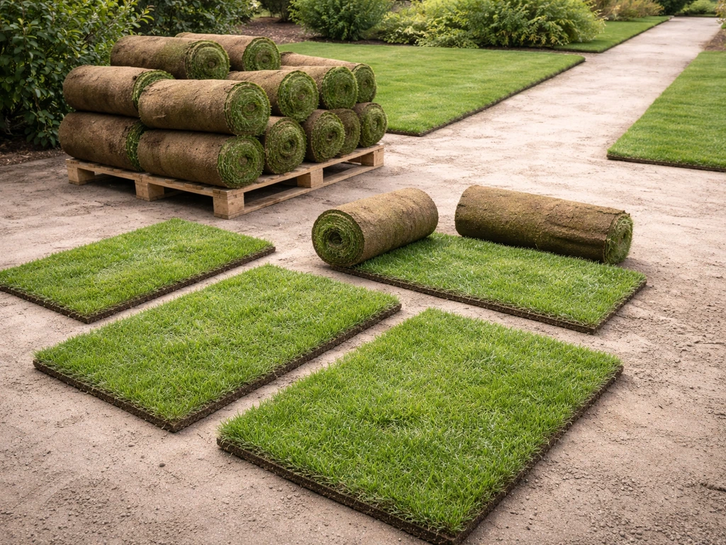 Rouleaux et plaques de gazon prêts à poser, disposés sur une allée, herbe verte et texture visible.