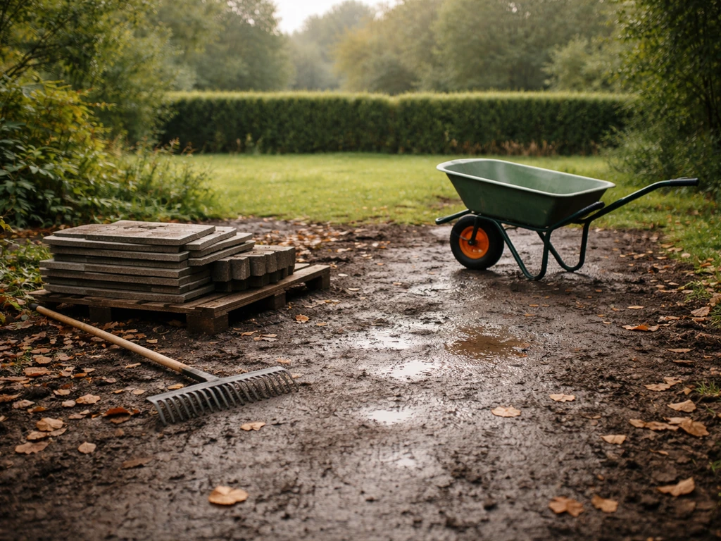 Sol de jardin humide après une légère pluie, feuilles d’automne et matériaux prêts pour une pose imminente.