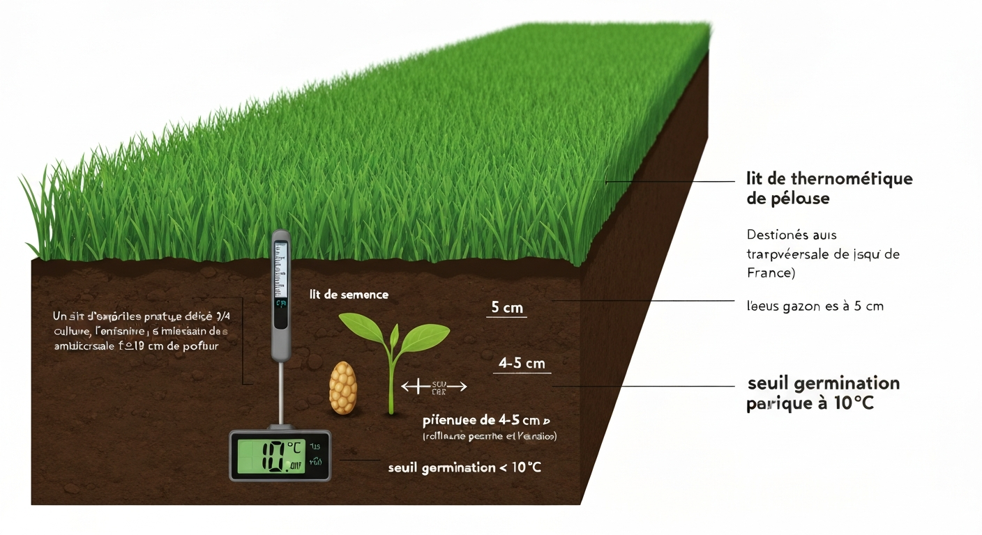 Infographie coupe de pelouse montrant graine et plantule à 4–5 cm, sonde à 5 cm affichant 10 °C et légendes en français.