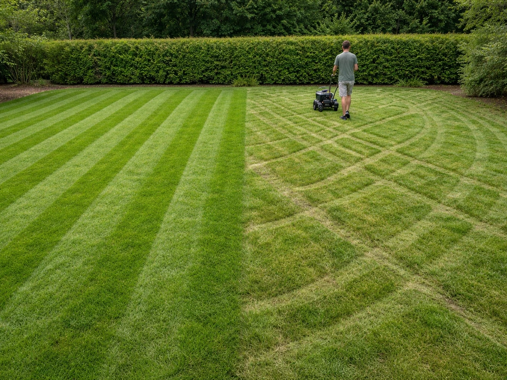 Pelouse avec bandes parallèles nettes et une zone irrégulière avec tracé géométrique plus difficile à tondre.