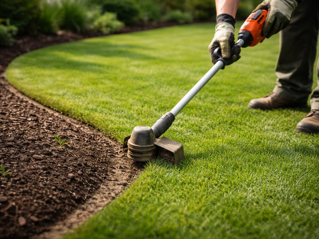 Jardinier utilisant un coupe-bordure le long d’une bordure nette après la tonte, contours bien définis.