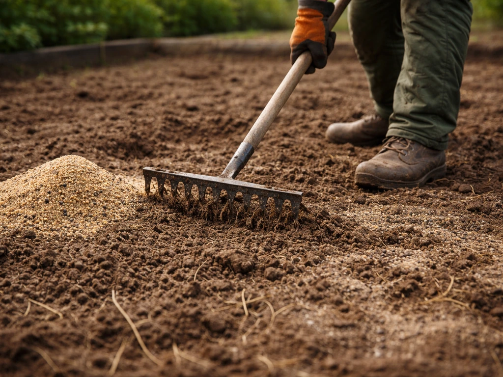Préparation d’un sol argileux : sable grossier mélangé au râteau avant semis, jardin minimal.