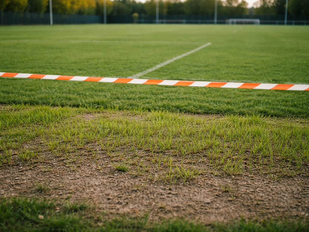 Terrain de football clôturé à la rubalise, gazon régénéré après regarnissage
