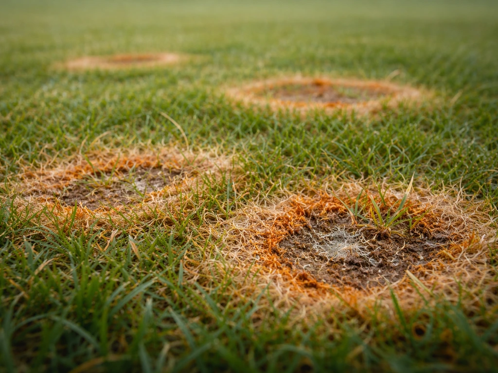 Gazon de terrain de jeu atteint par la fusariose : taches circulaires orangées et brunes.