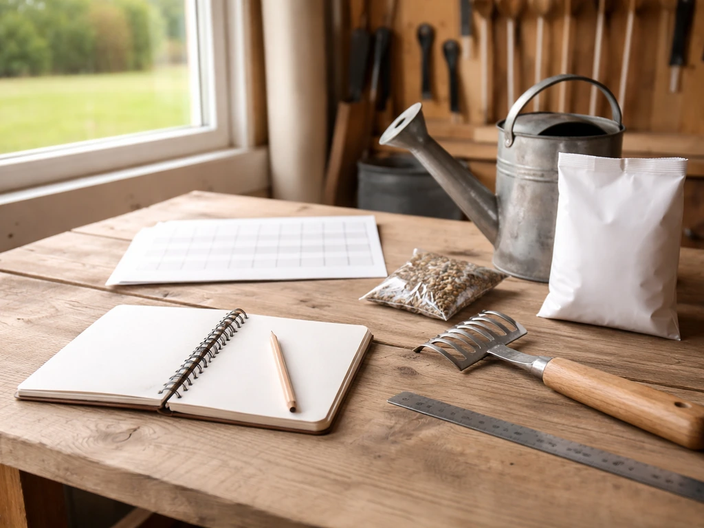 Carnet et outils de jardin sur une table, lumière naturelle, ambiance de planification des travaux saisonniers.