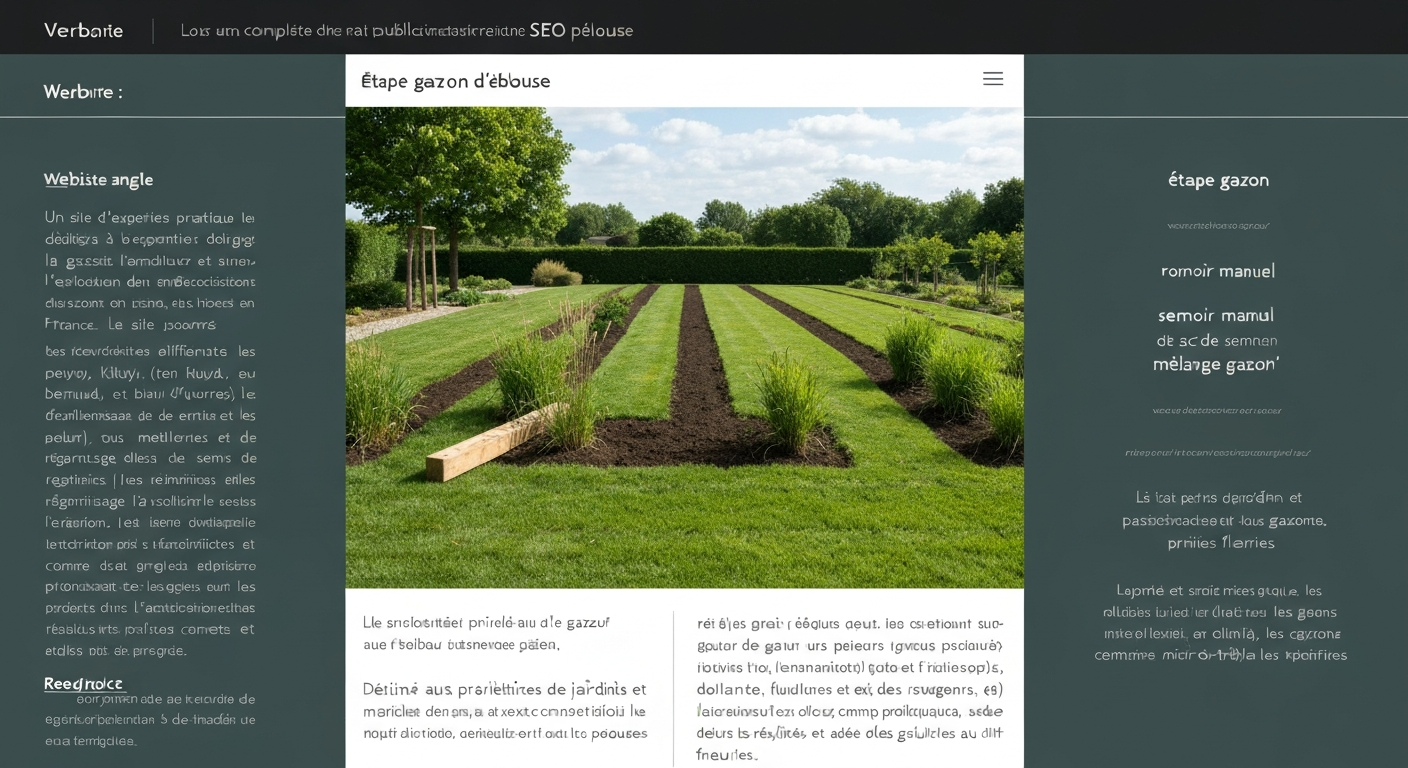 Jardin préparé pour semis de gazon avec outils, rouleau et jeunes pousses.