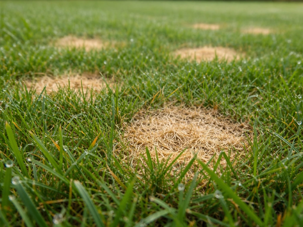 Gazon avec taches circulaires décolorées typiques du dollar spot, brins d’herbe visibles et texture réaliste.