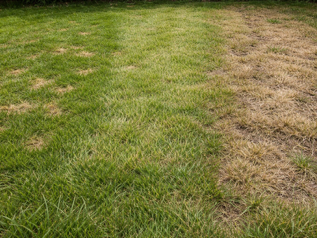 Pelouse de jardin divisée en trois zones, montrant signes de dollar spot, manque d’azote et stress de sécheresse.