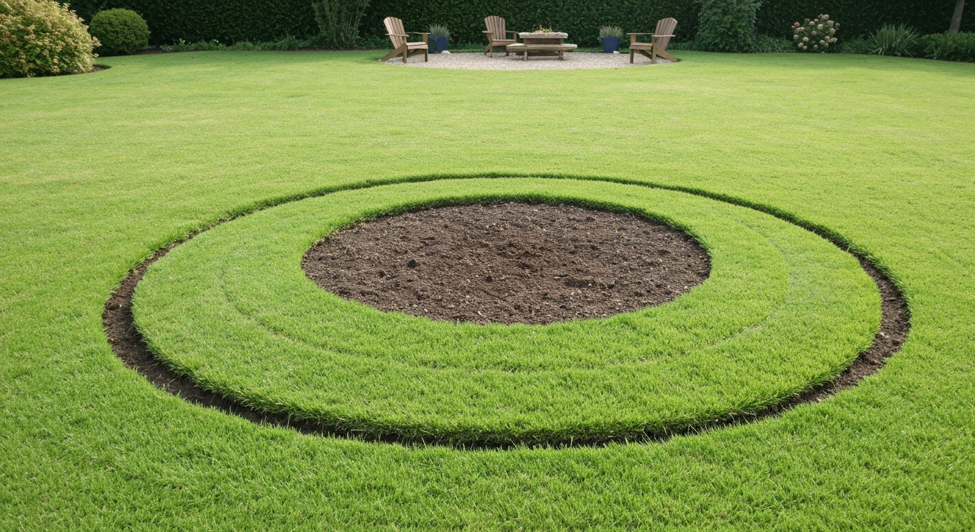 Pelouse domestique avec un patch dégarnie rond au centre : zone brun-jaune entourée d'un anneau d'herbe verte.