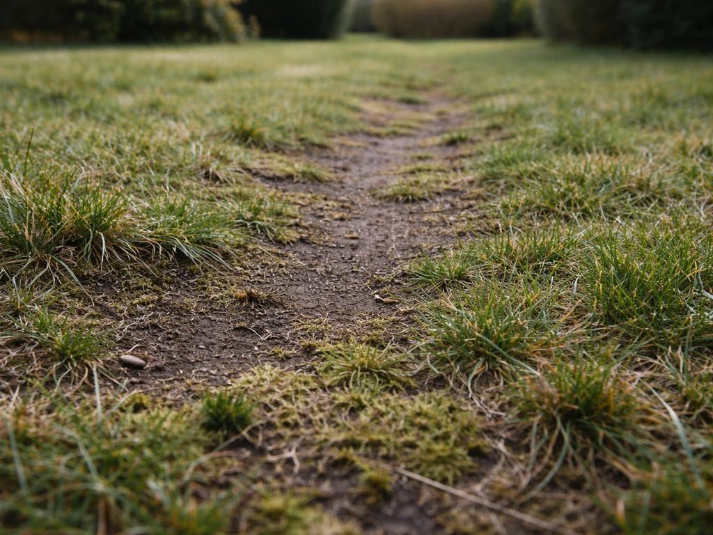 Pelouse vue de près avec zones compactées et herbe clairsemée, texture rêche et dure