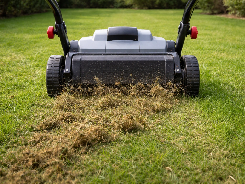 Scarificateur à lames en action sur une pelouse, feutre et mousse projetés au sol