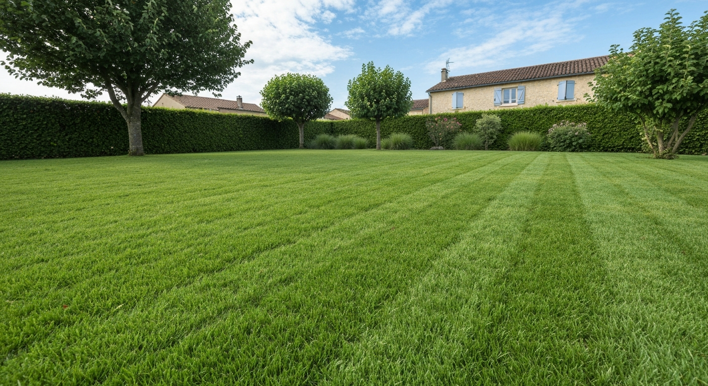 Pelouse dense et verte dans un jardin résidentiel français, illustrant un gazon bien établi