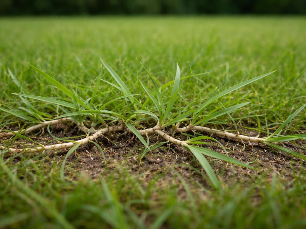 Gazon en gros plan avec chiendent rampant : feuilles fines et tiges traçantes qui s’étendent au sol