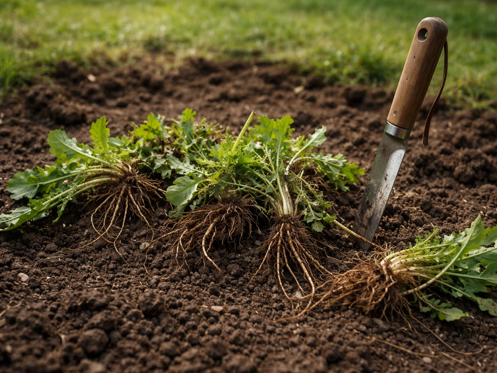 Arrachage manuel sur une petite zone de sol, touffes et rhizomes visibles avant réensemencement