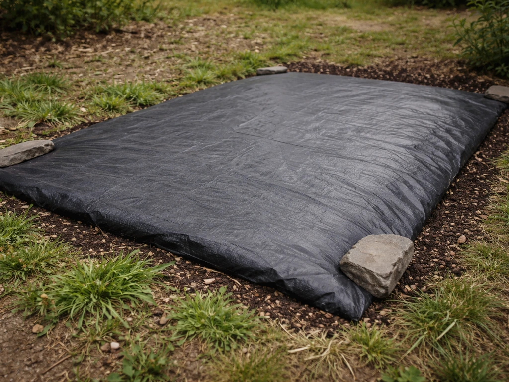 Pose d’une bâche noire opaque sur une zone de jardin infestée, recouvrement épais visible.