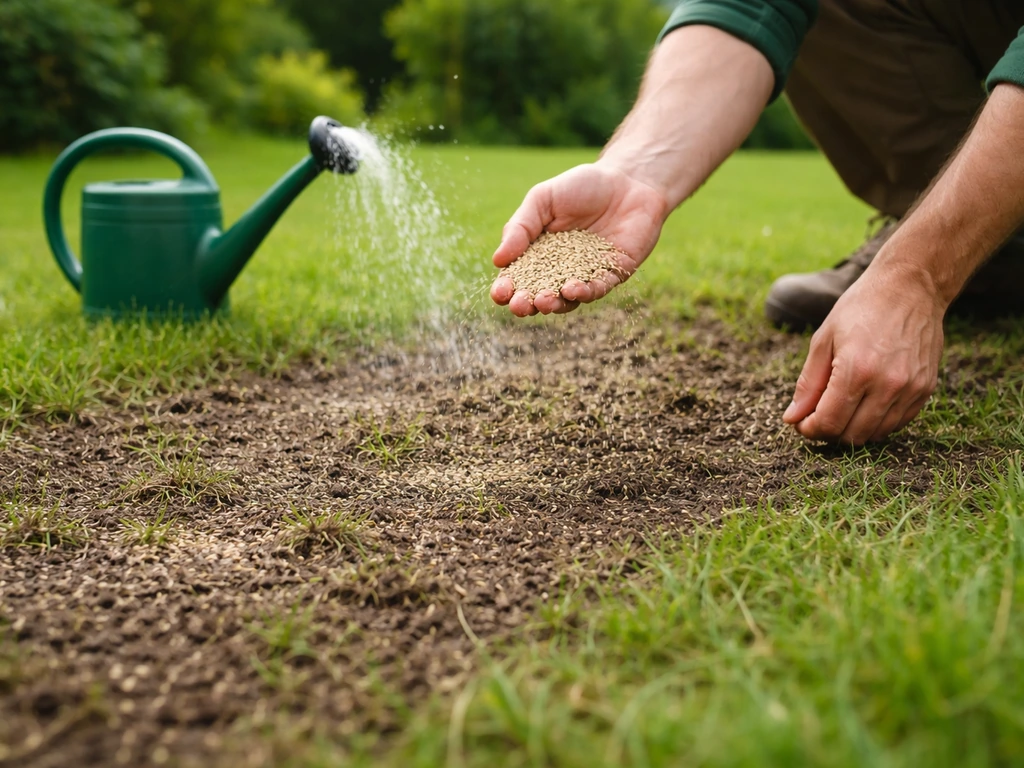 Jardinier distribuant des graines sur une zone de pelouse scarifiée et aérée, arrosage léger, transition vers une pelous