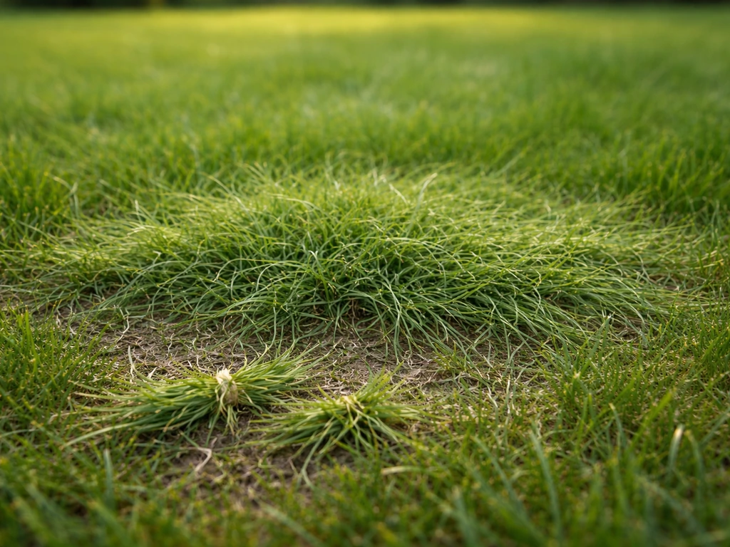 Gazon rampant étalé dans une pelouse, vu au ras du sol avec feuillage net et fond flou.