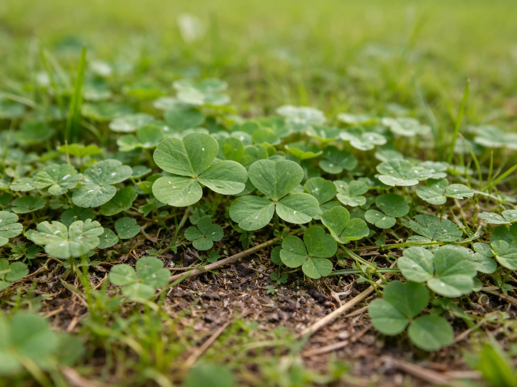 Gros plan de trèfle blanc et autres petites plantes rampantes à feuilles rondes dans une pelouse française