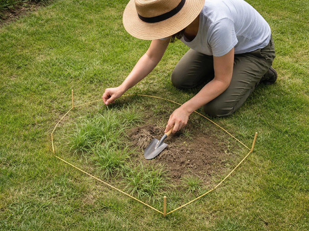 Jardinier anonyme délimite une zone de chiendent avec une marge de sécurité et commence l’arrachage immédiat.