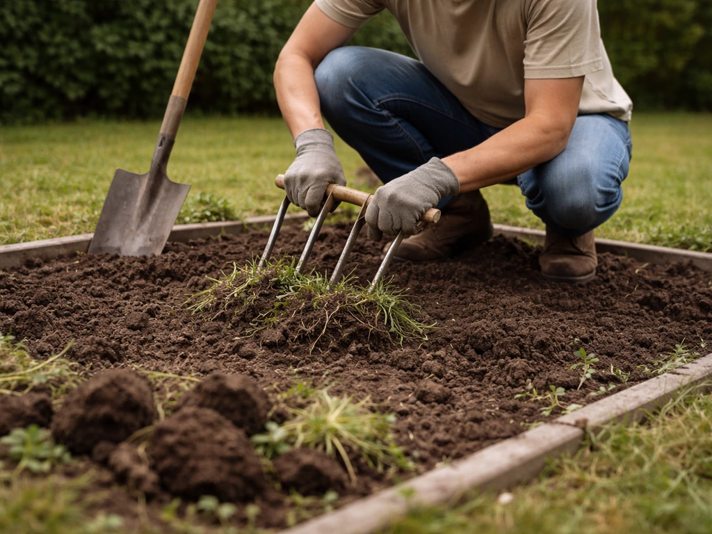 Mini-rénovation de jardin : arrachage à la grelinette dans un petit carré de terre délimité.