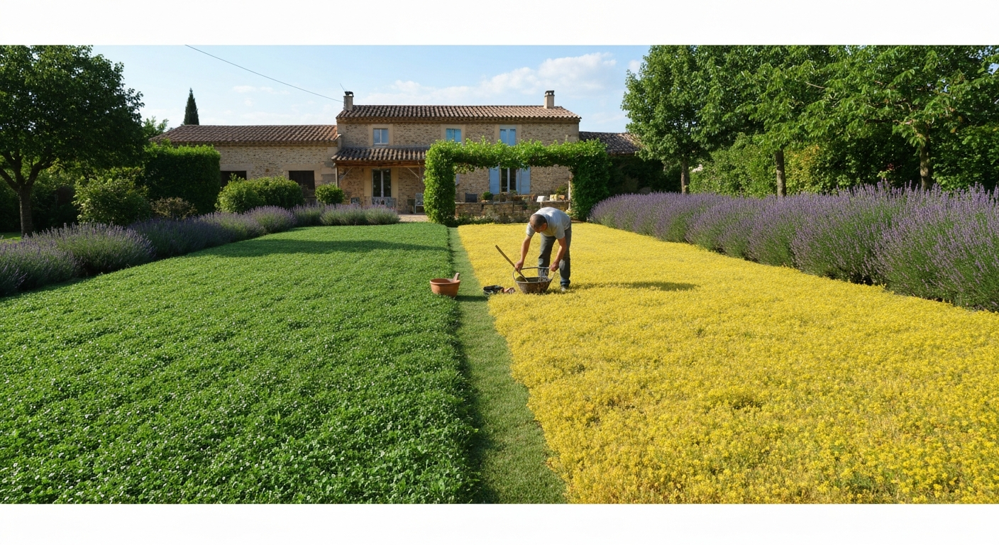 Jardin français en été, pelouse moitié verte moitié sèche, jardinier effectuant un prélèvement de sol