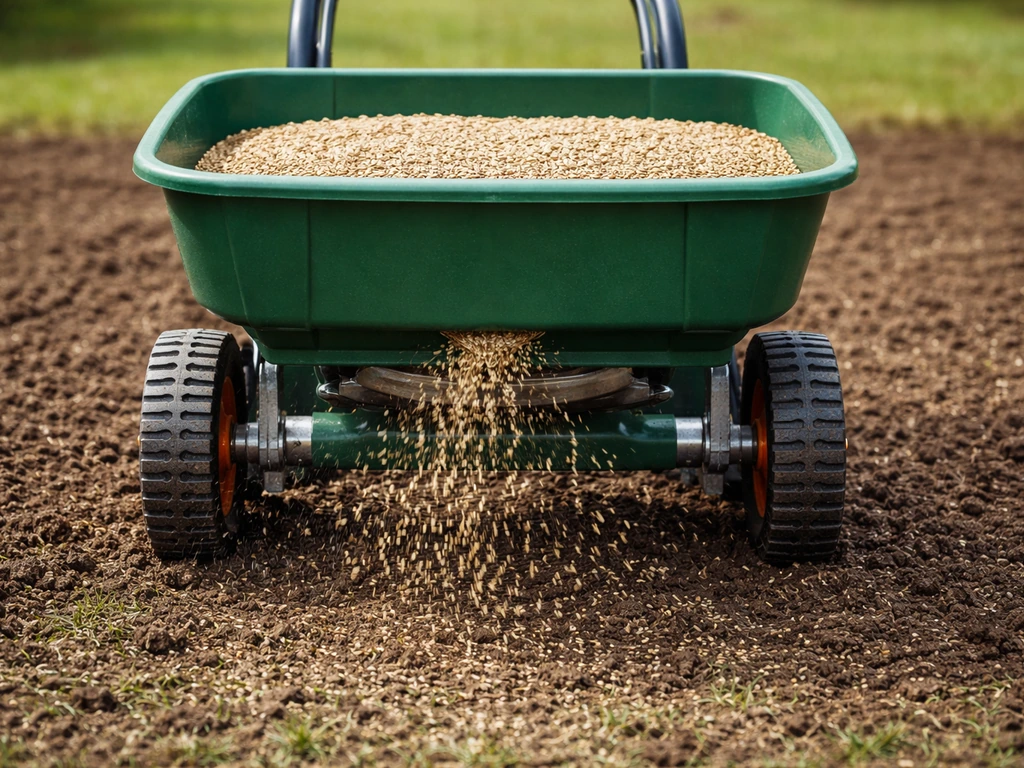 Gros plan d’un semoir répandant des graines sur une pelouse préparée, avant un léger recouvrement.