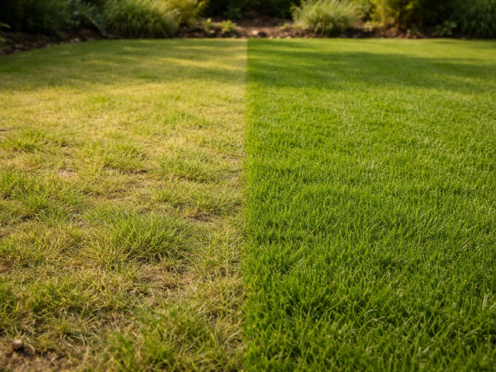 Comparatif avant/après : pelouse plus dense et plus verte, brins uniformes au ras du sol