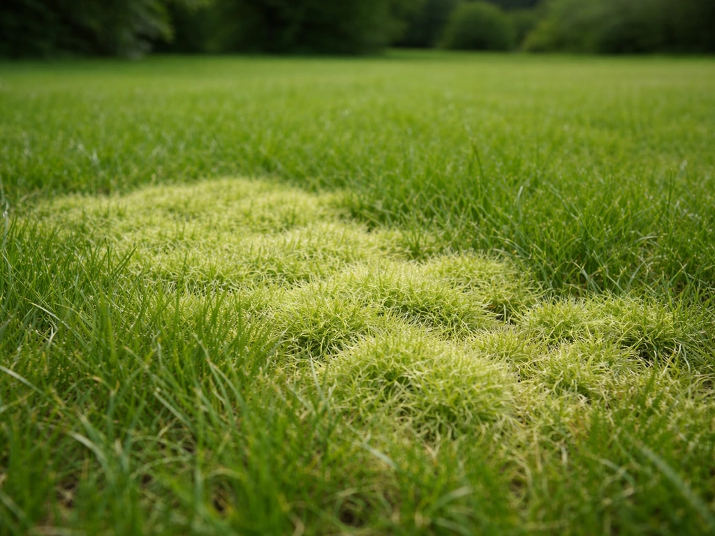 Pelouse de jardin avec une zone envahie par la sagine gazon visible au premier plan.