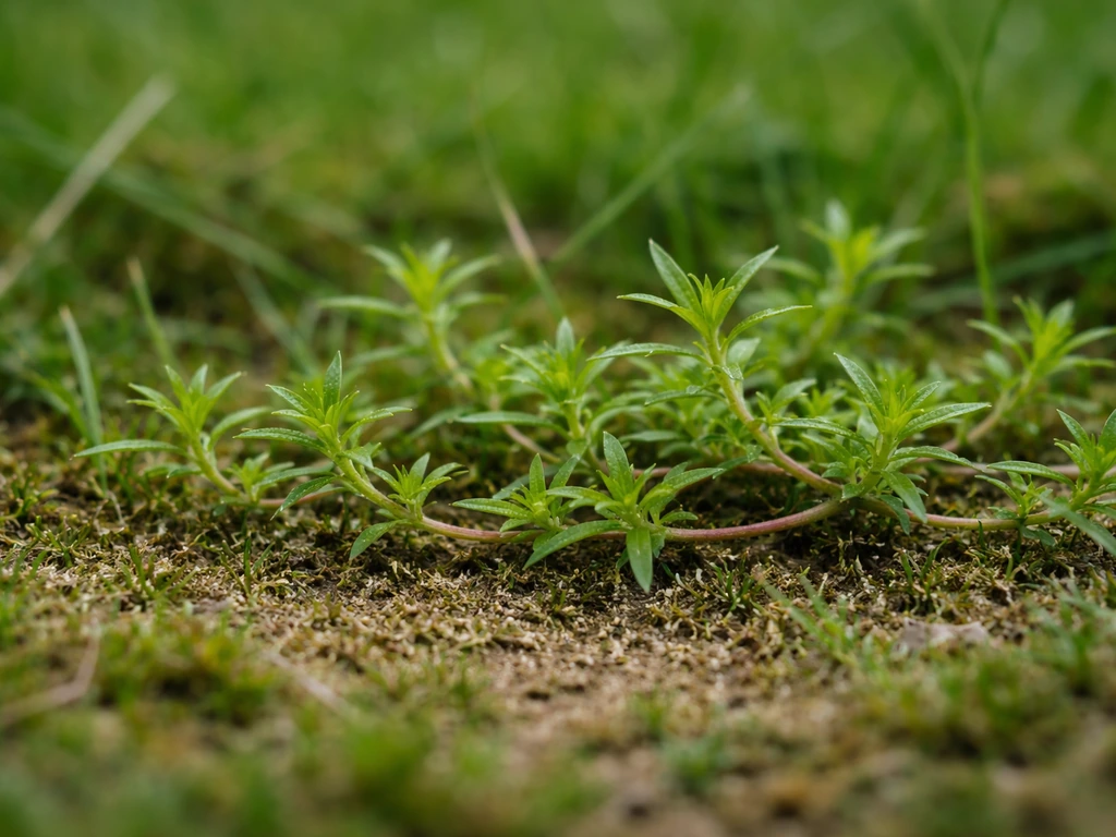 Gros plan sur une petite plante de pelouse : tiges couchées et feuilles étroites, hauteur 2–5 cm.