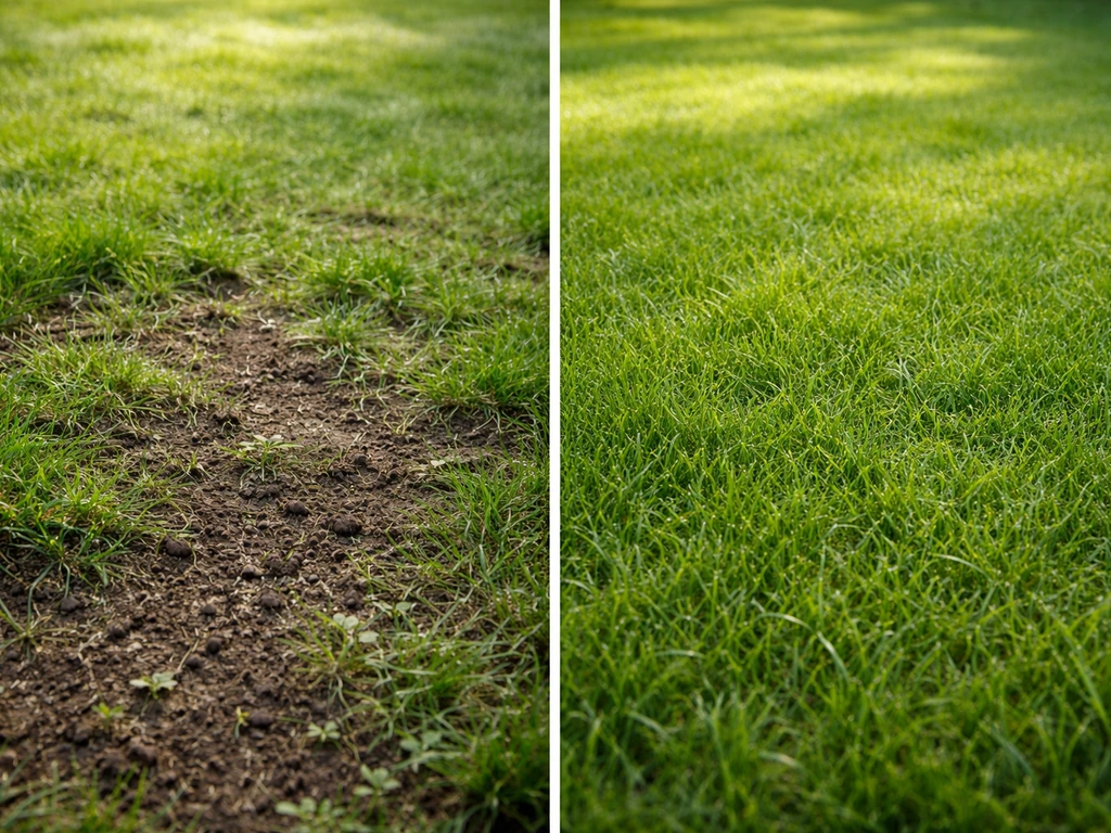 Pelouse avant/après : zone désherbée mécaniquement, puis reprise de la sagine verte en arrière-plan.